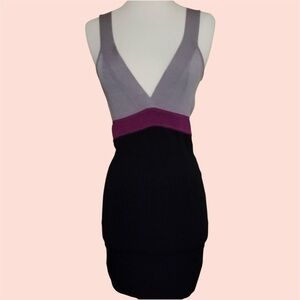 bebe Sleeveless V-Neck Colorblock Mini Dress in Gray, Magenta & Black
